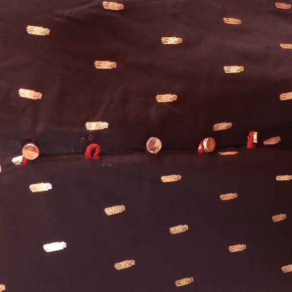 A black and dark red floral printed blouse with gold dotted overlay design. - Picture 2 of 5